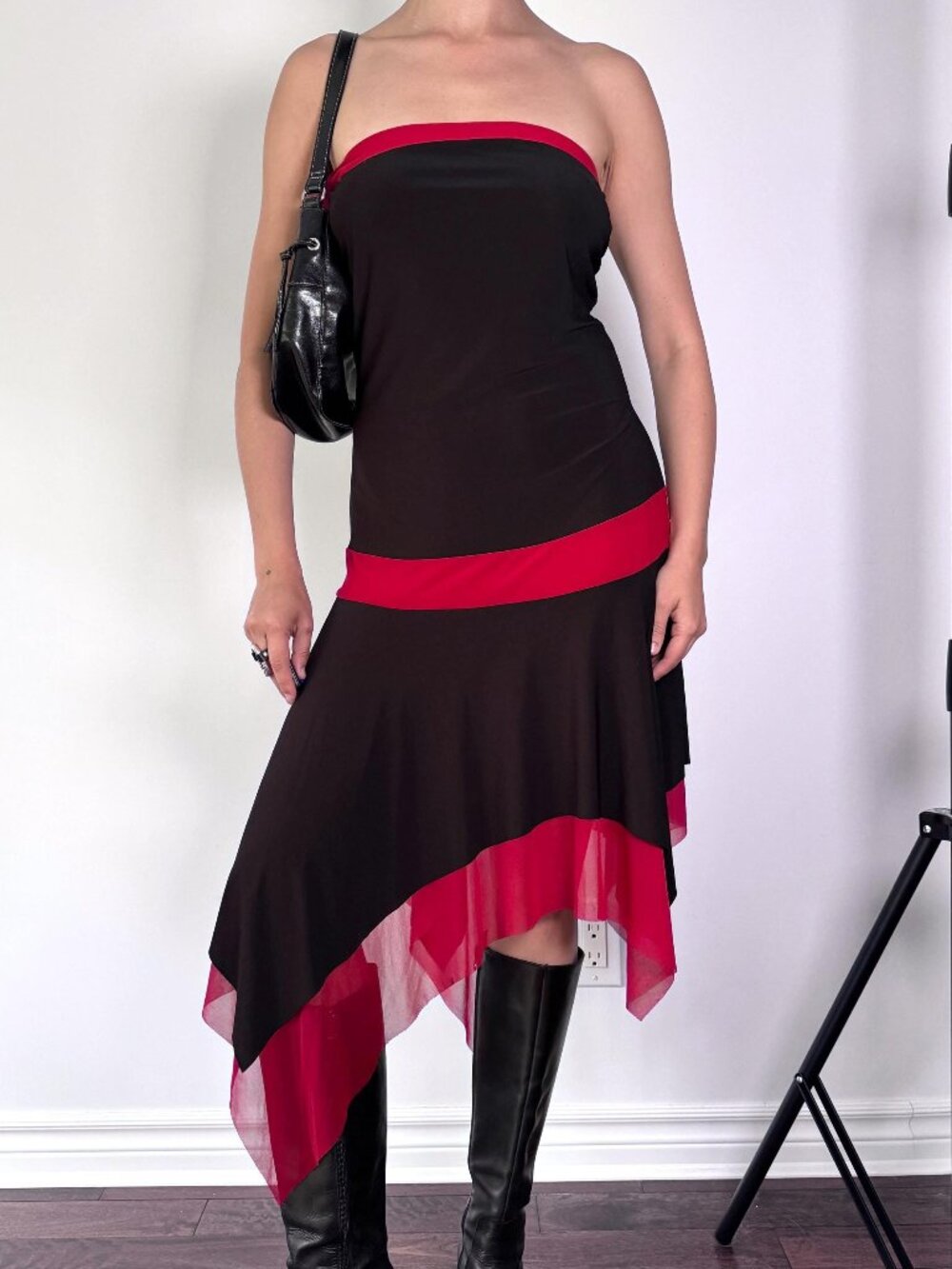 Y2K vintage black red dark witchy fairy whimsigoth strapless asymmetrical dress